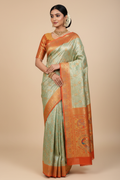 Indian Model in Kanjivaram Mint & Orange Saree