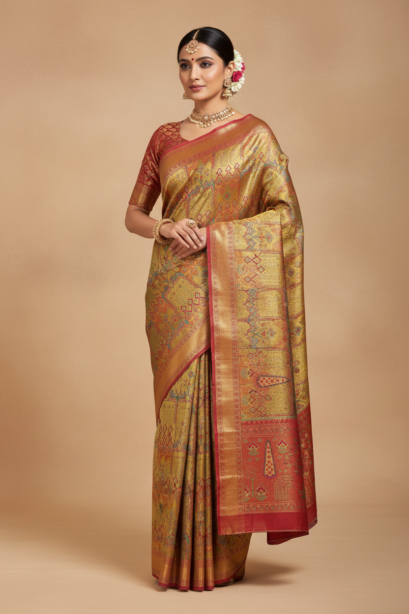 Indian Model in Kashmiri-Style Multicolor Banarasi Saree