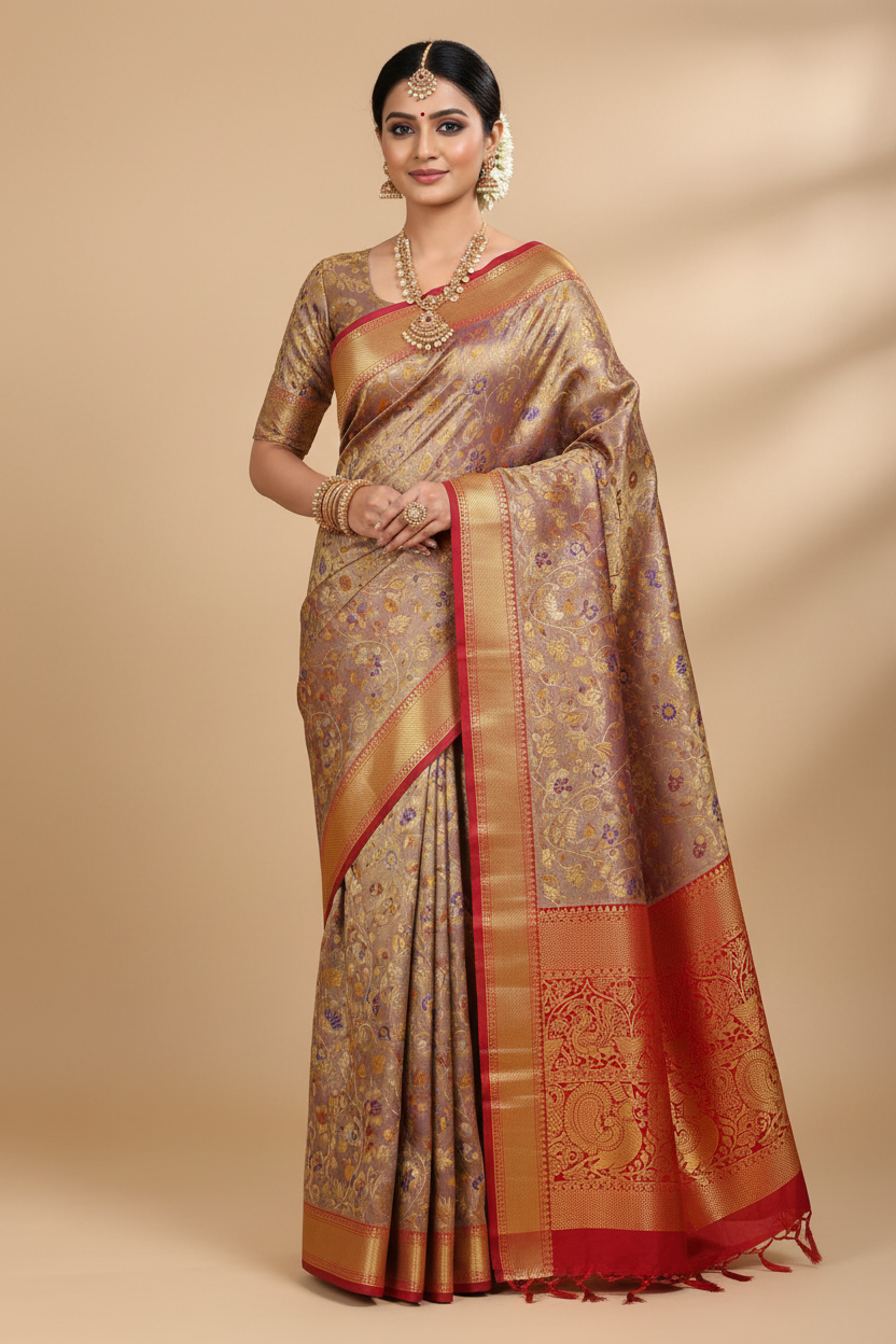 Indian Model in Lavender Purple Kanjivaram with Red Border