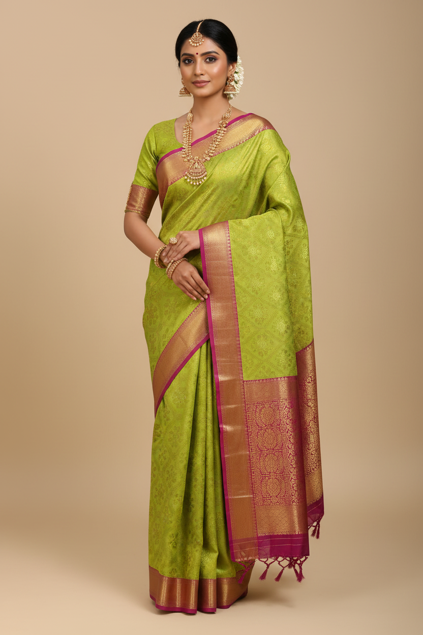 Indian Model in Lime Green Kanjivaram with Copper-Gold Border
