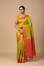 Indian Model in Lime Yellow and Coral Red Two-Tone Silk Saree