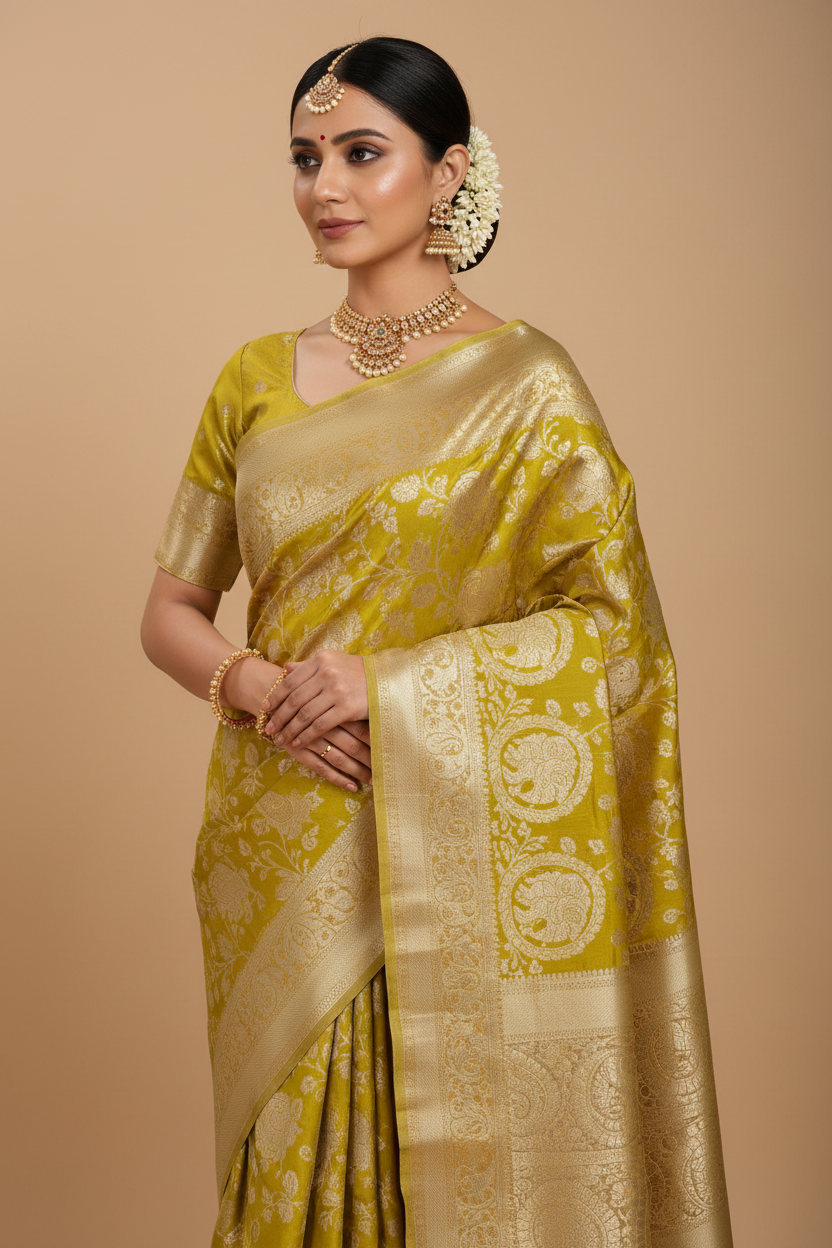Indian Model in Lime Yellow Tissue Silk Saree