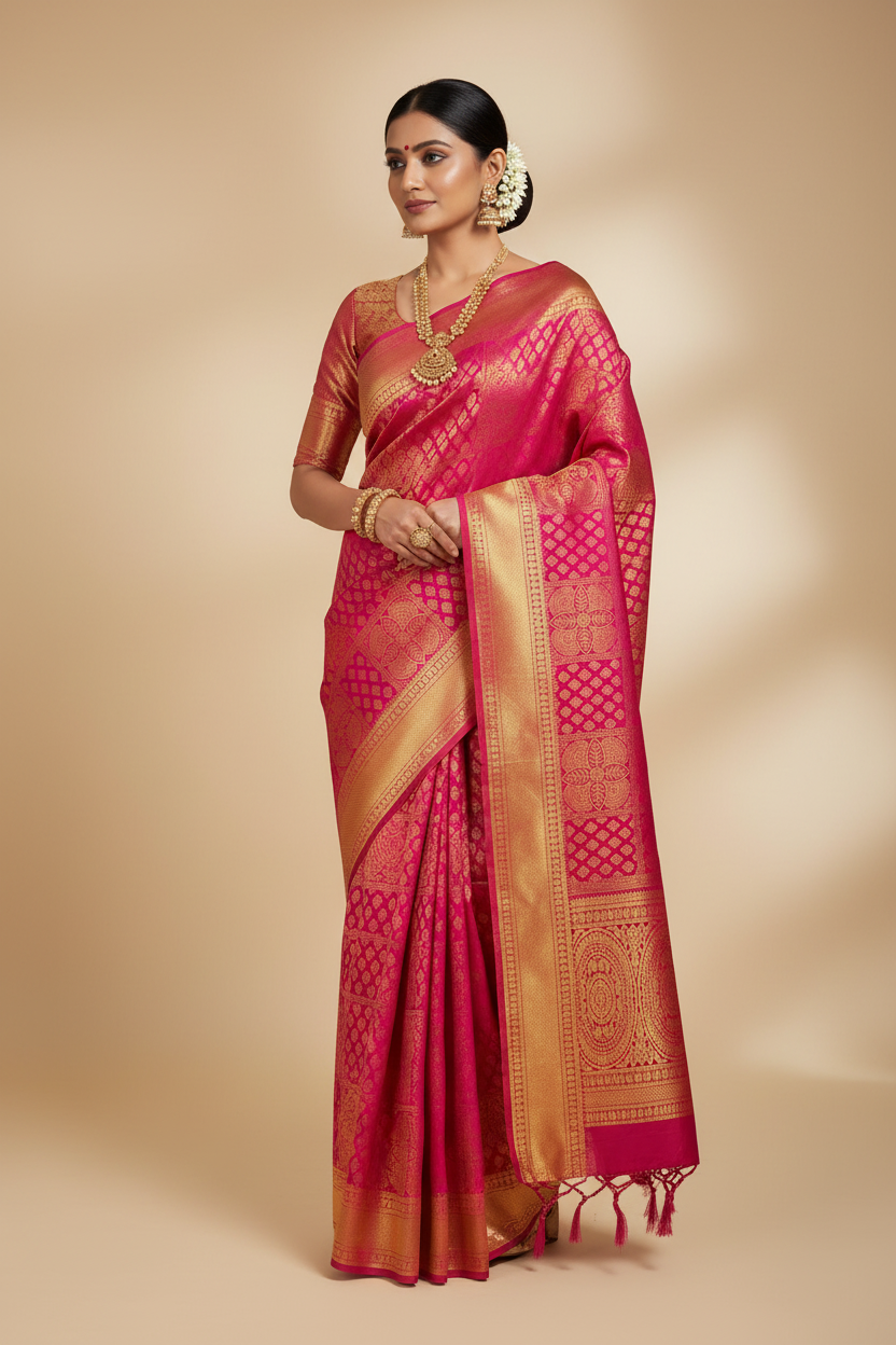 Indian Model in Magenta Banarasi Silk Saree