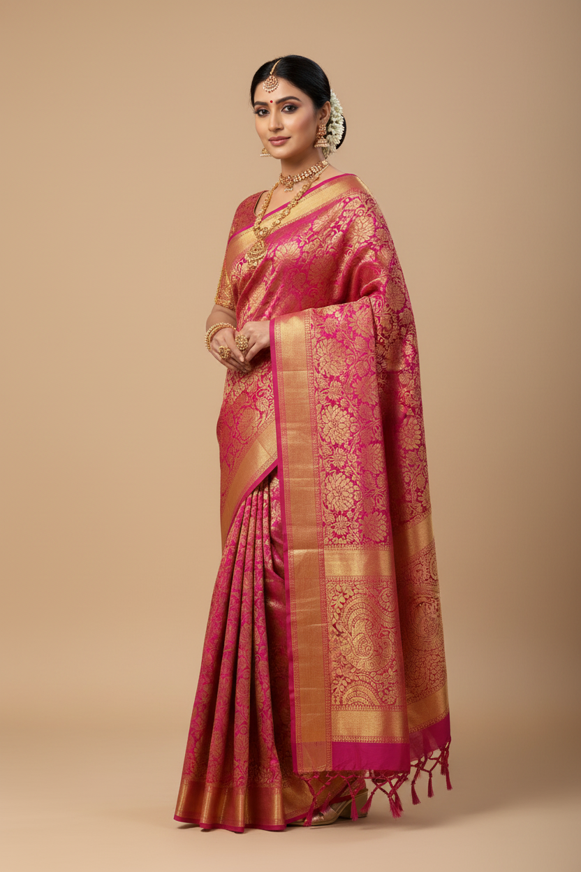 Indian Model in Magenta Kanjivaram with Gold Tissue Body