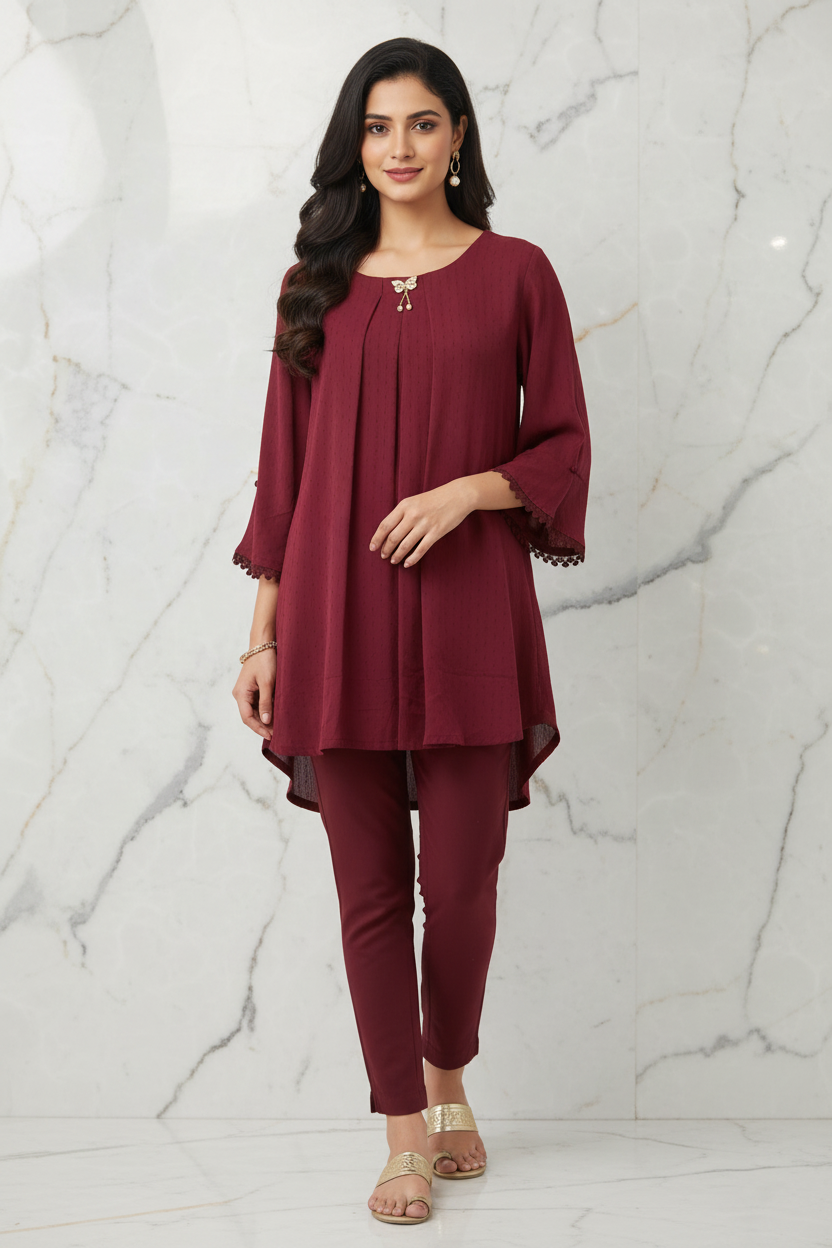 Indian Model in Maroon Tunic with Butterfly Brooch