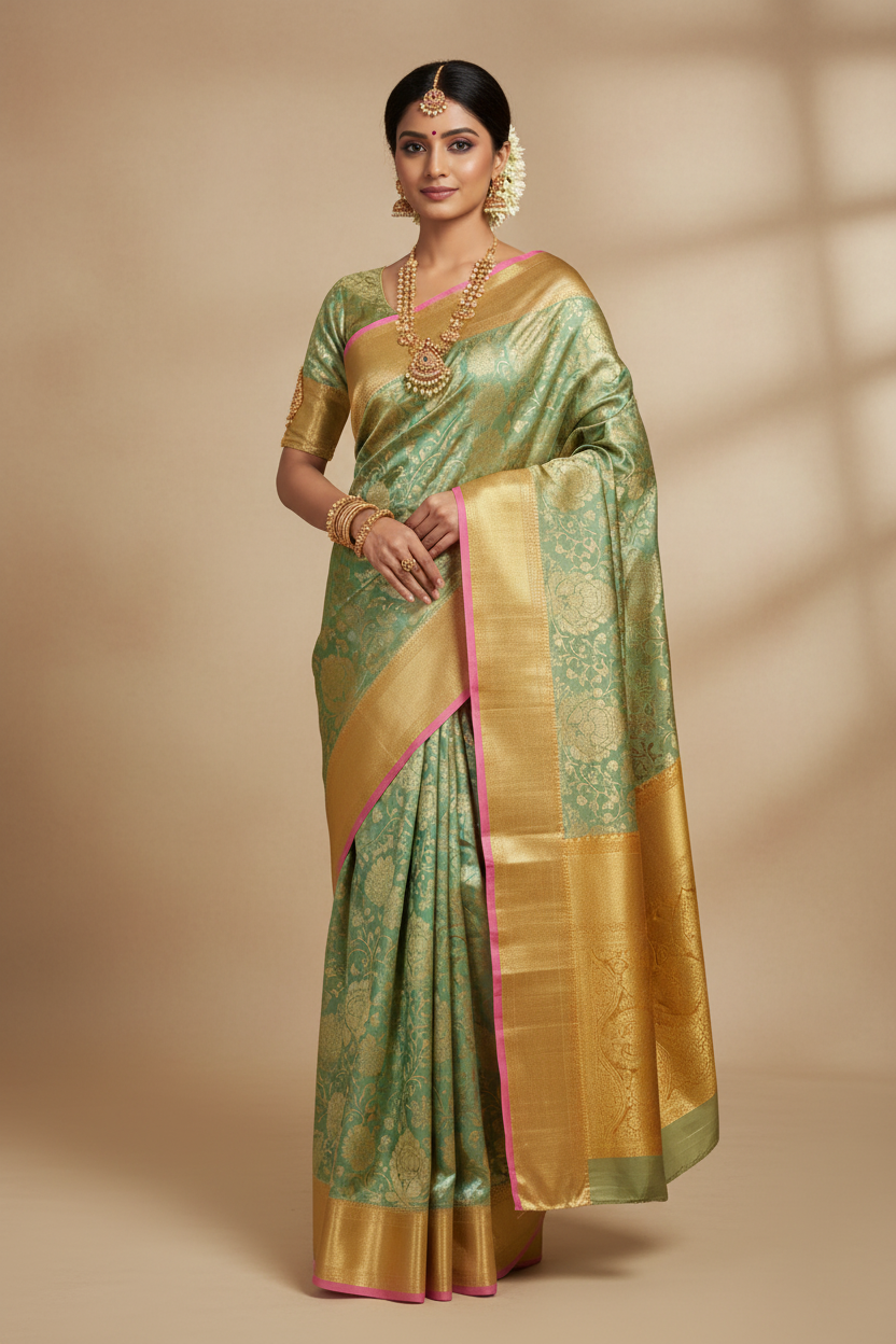 Indian Model in Mint Green Kanjivaram with Gold Border