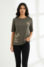 Indian Model in Olive Embroidered Fairy T-Shirt