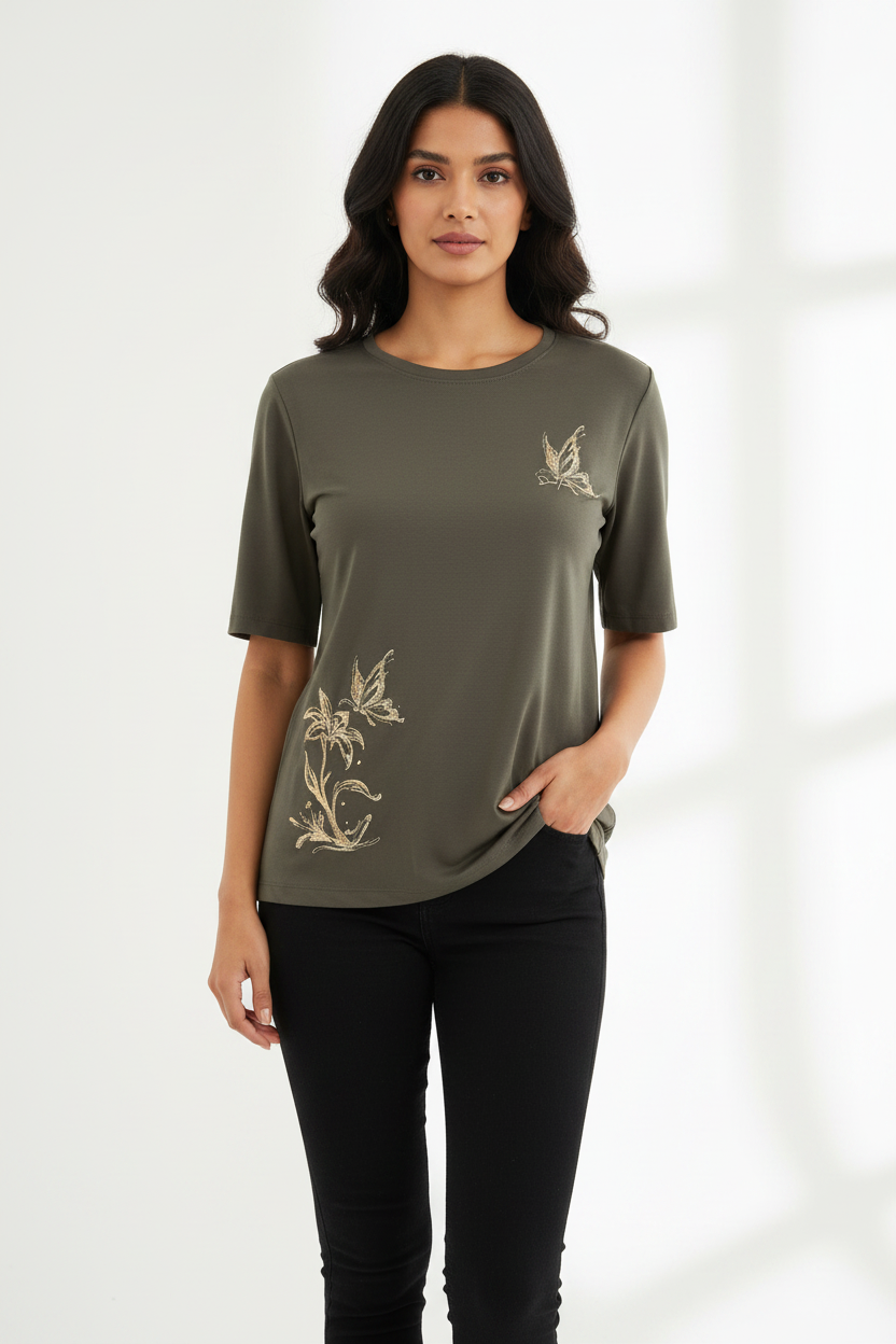 Indian Model in Olive Embroidered Fairy T-Shirt