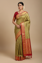 Indian Model in Olive Green Kanjivaram with Red Border