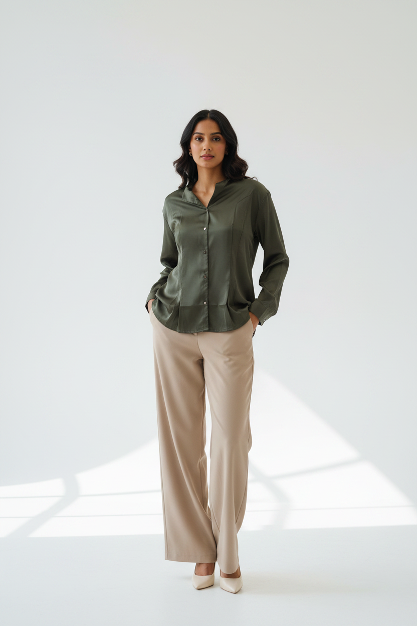 Indian Model in Olive Green Satin Shirt