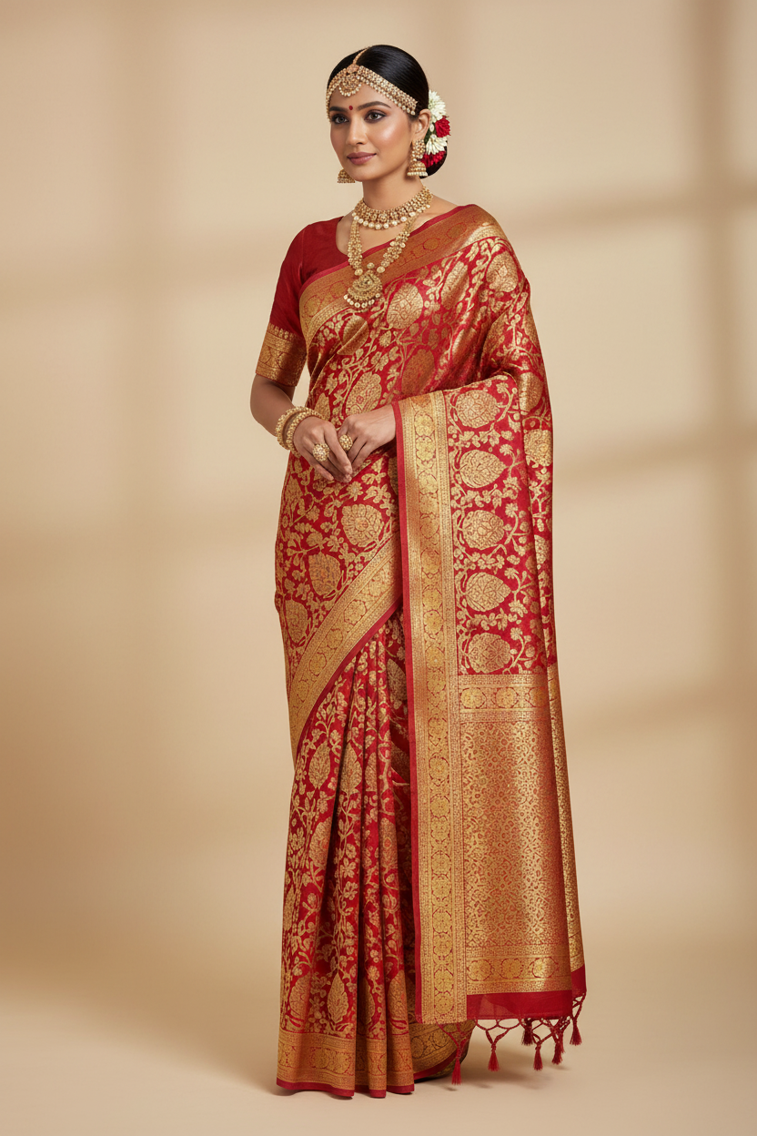 Indian Model in Red Banarasi Bridal Saree