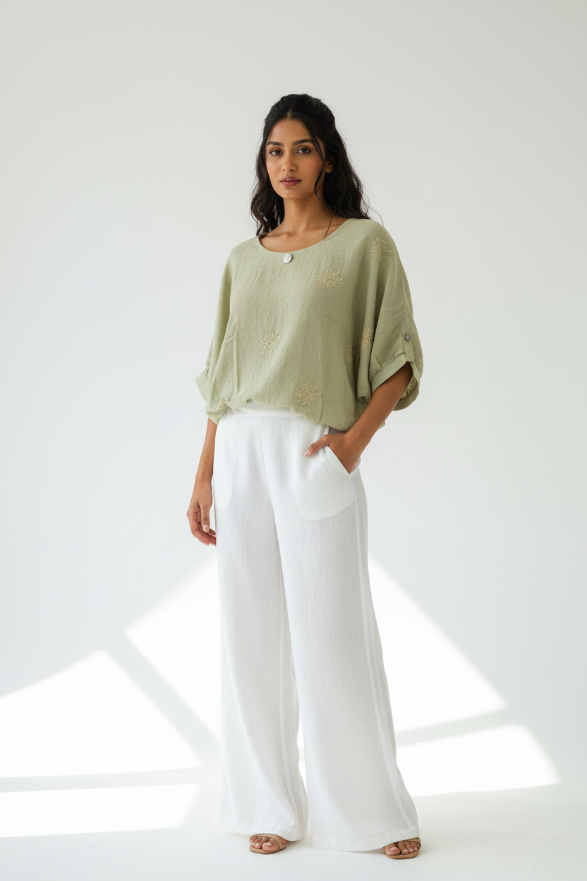 Indian Model in Sage Green Embroidered Batwing Top