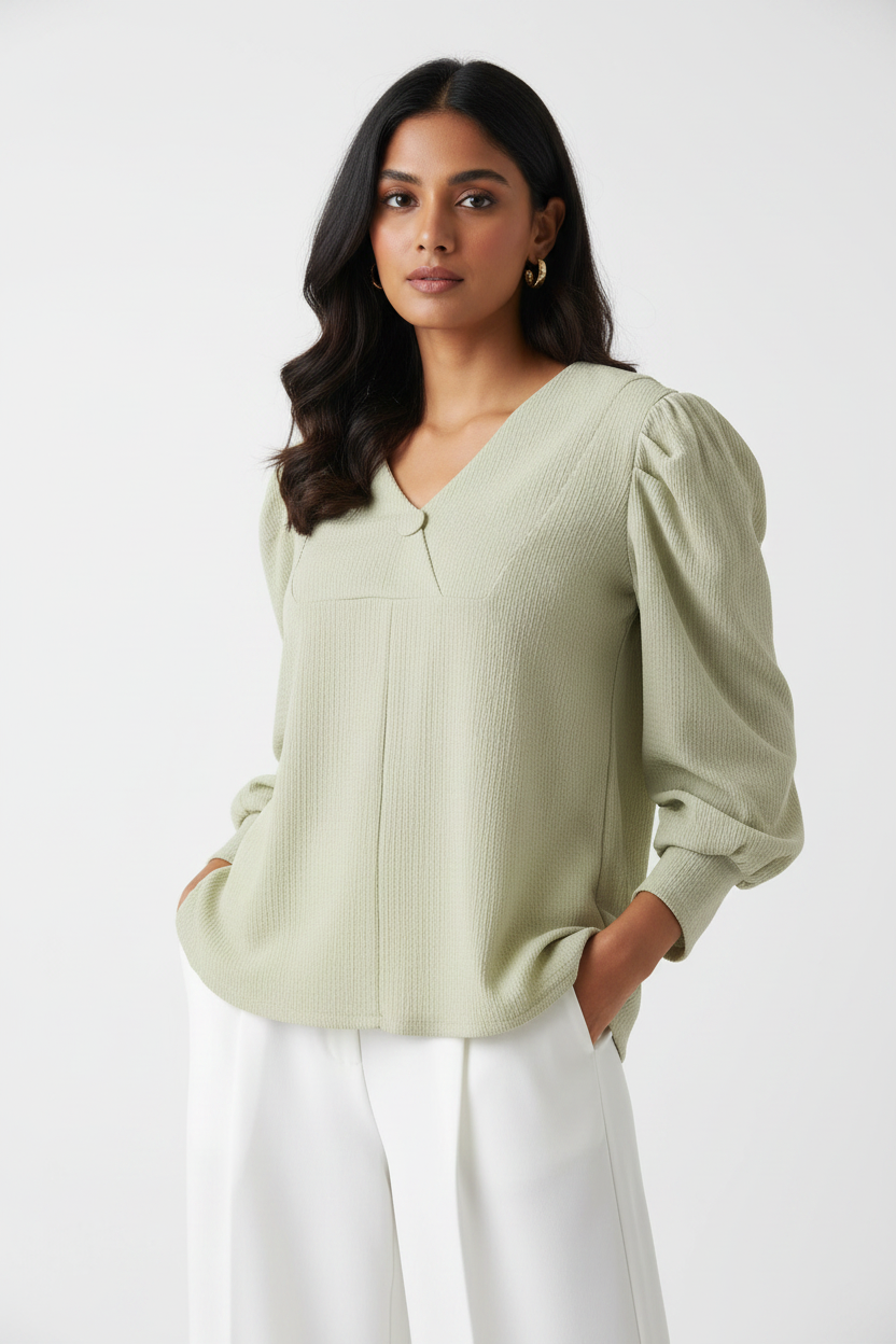 Indian Model in Sage Green Sailor Collar Top