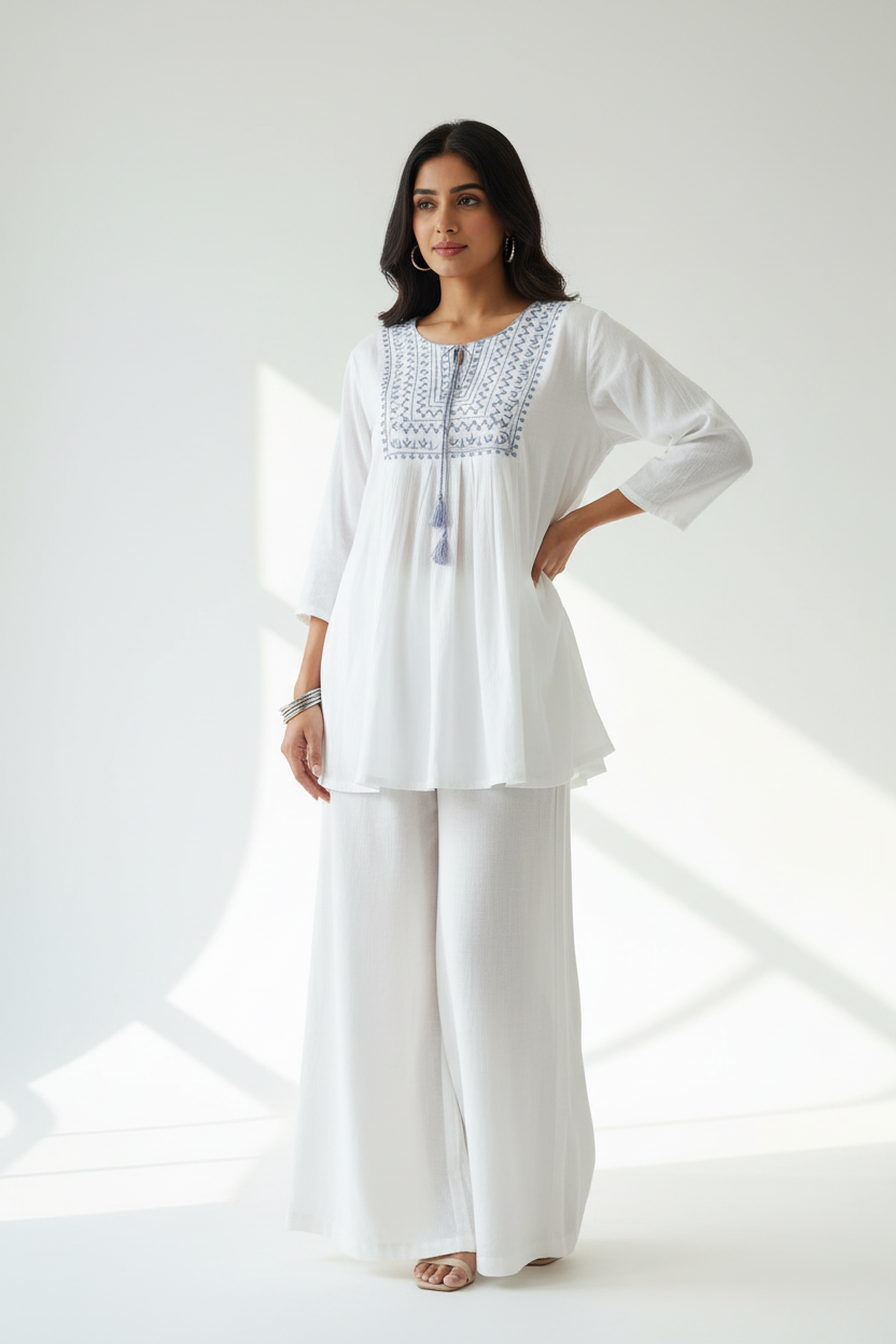 Indian Model in White Embroidered Boho Tunic