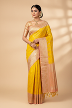 Indian Model in Yellow Banarasi Silk Saree
