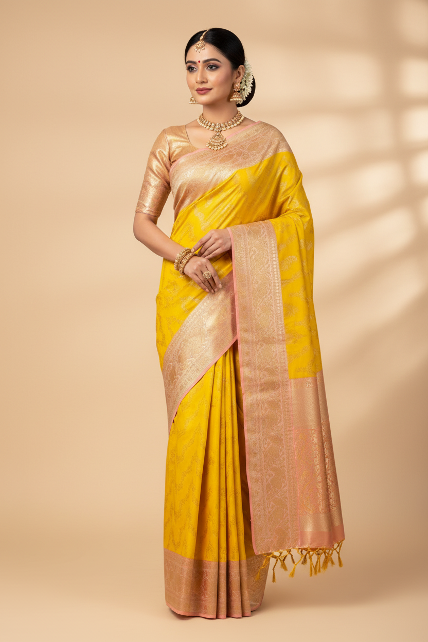 Indian Model in Yellow Banarasi Silk Saree