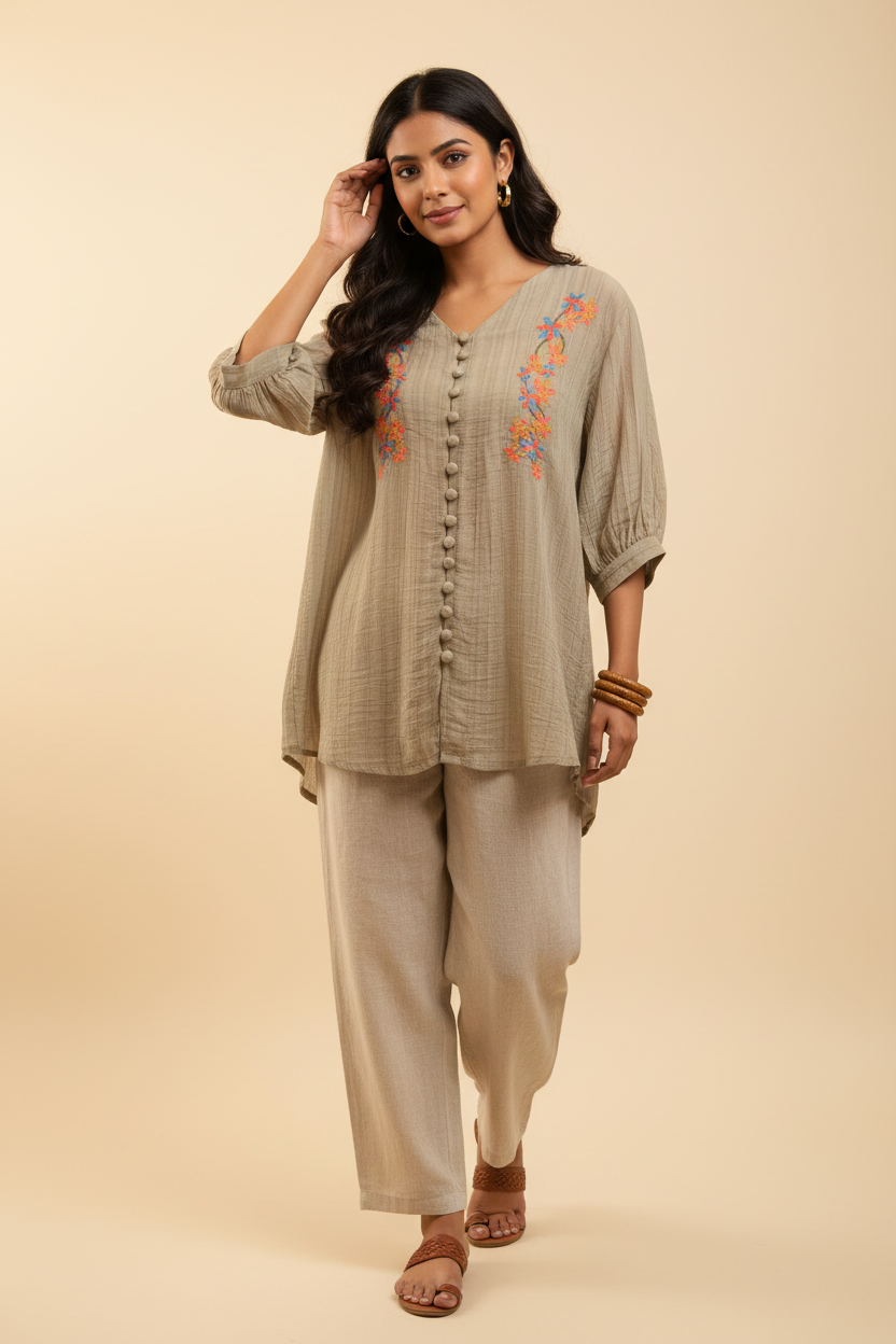 Indian model wearing beige floral embroidery crinkle tunic