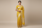 Indian Model Wearing Bright Yellow Tissue Silk Saree with Gold Border