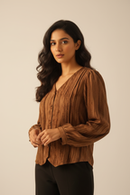 Indian model wearing brown crinkle blouse