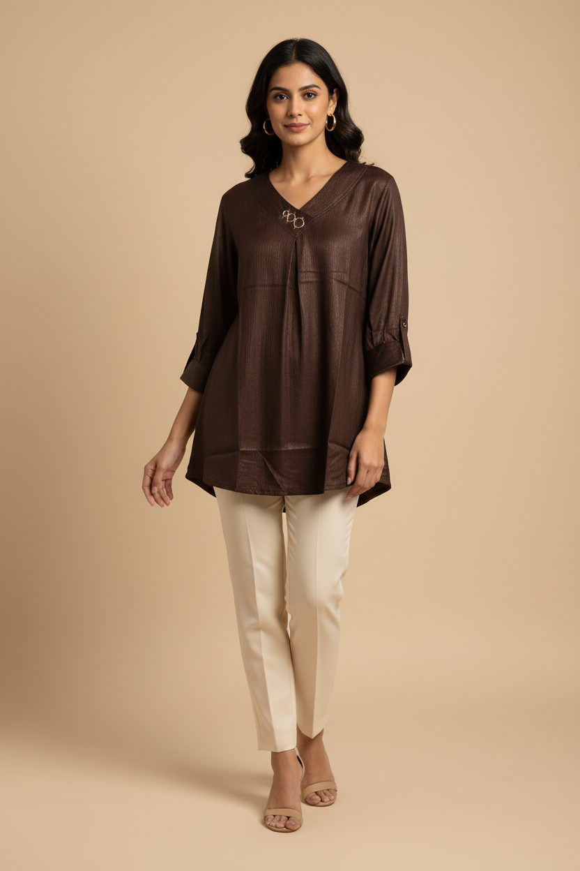 Indian model wearing brown tunic top