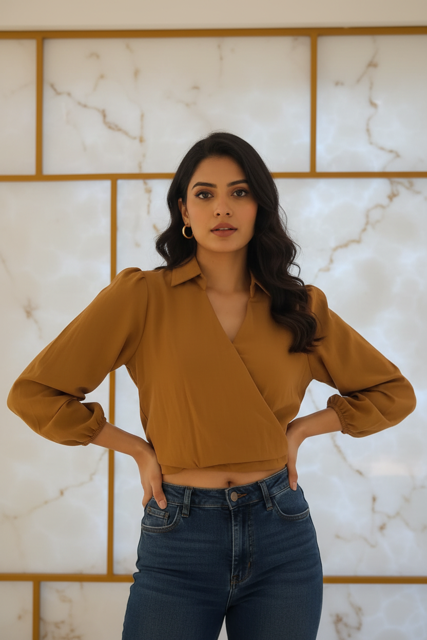 Indian model wearing camel brown puff sleeve top