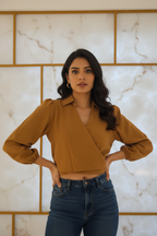 Indian model wearing camel brown puff sleeve top