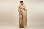Indian Model Wearing Champagne Gold Brocade Saree with Circle Motifs