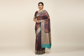 Indian Model Wearing Deep Mauve Triangle Motif Saree