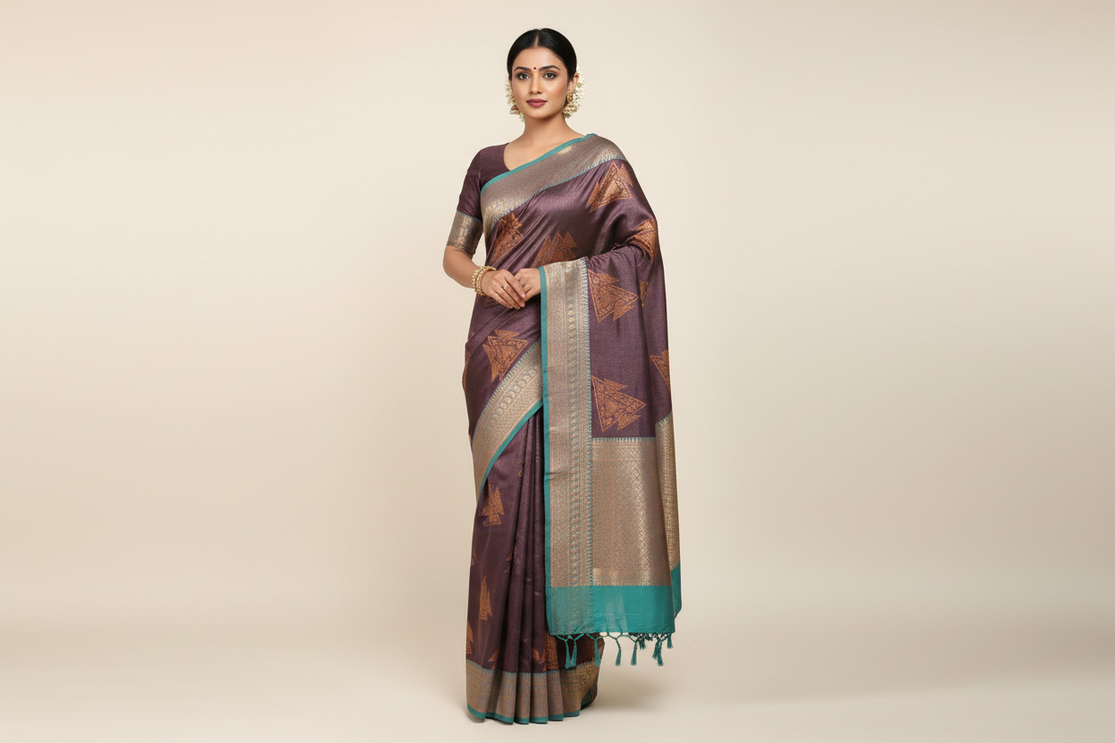 Indian Model Wearing Deep Mauve Triangle Motif Saree