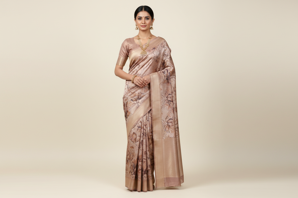 Indian Model Wearing Dusty Mauve Floral Saree