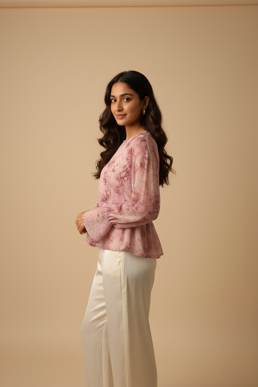 Indian model wearing dusty pink botanical print peplum blouse