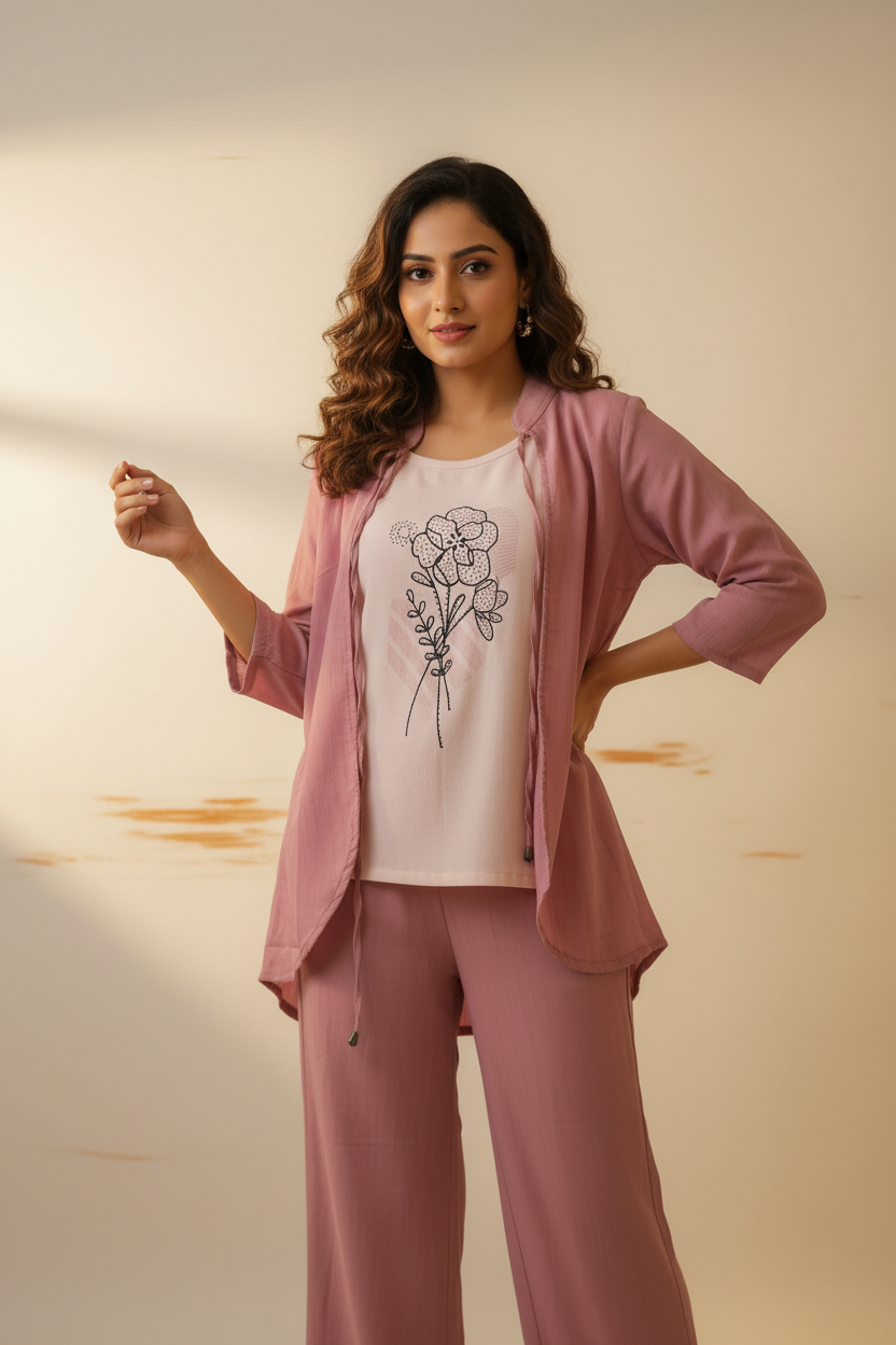 Indian model wearing dusty rose co-ord set