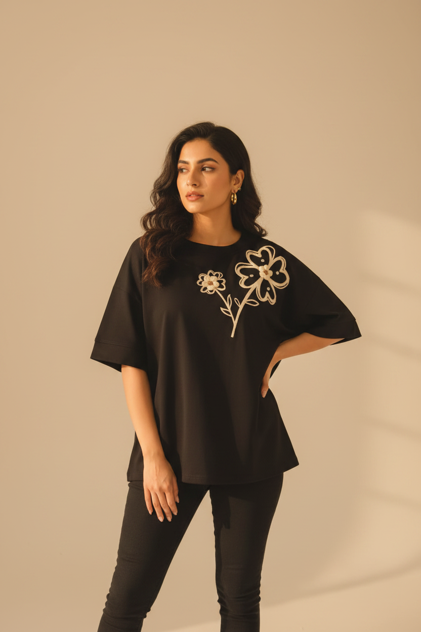 Indian model wearing floral embroidery t-shirt