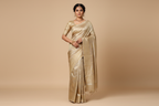 Indian Model Wearing Golden Iridescent Tissue Silk Saree