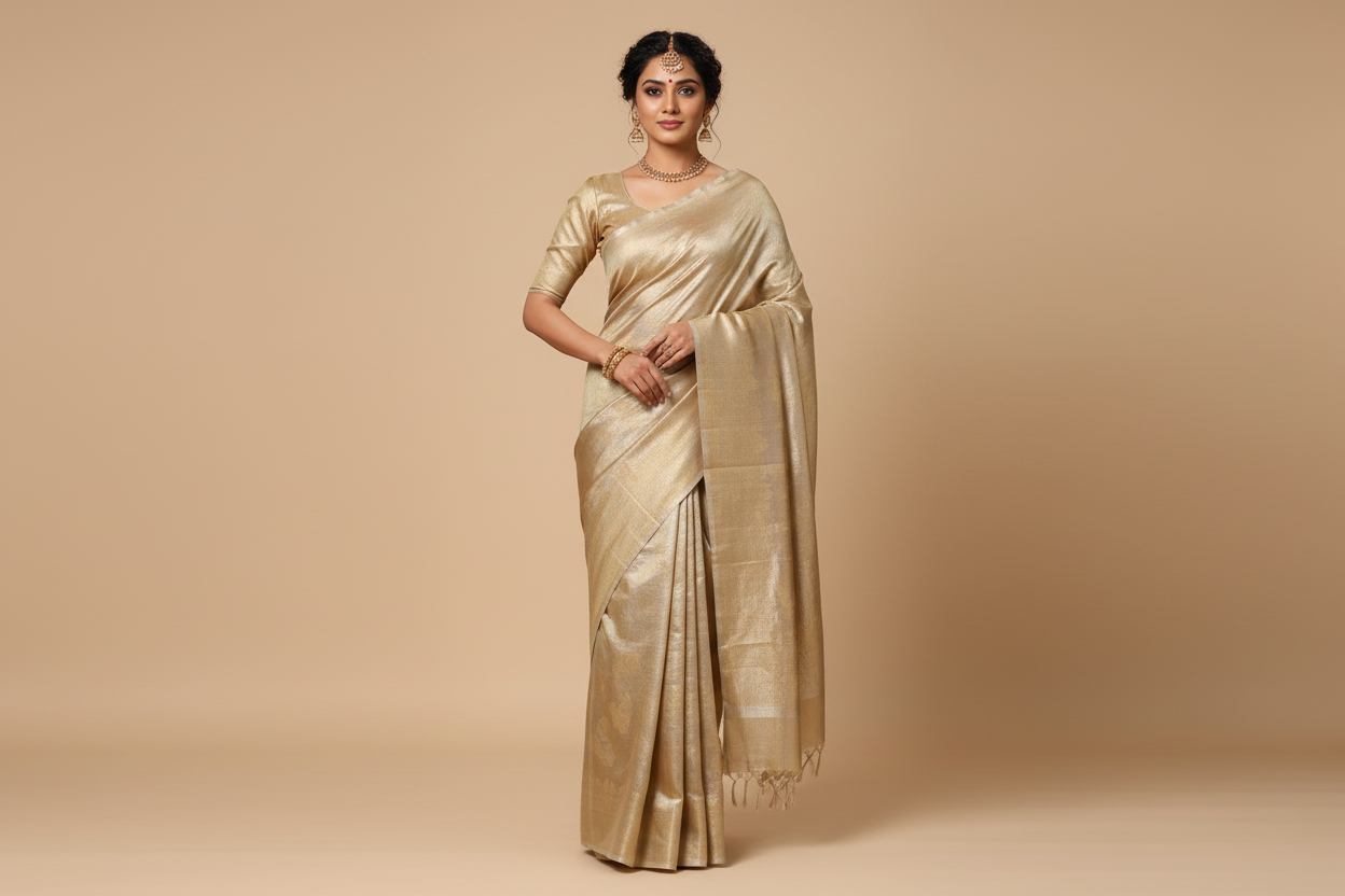 Indian Model Wearing Golden Iridescent Tissue Silk Saree