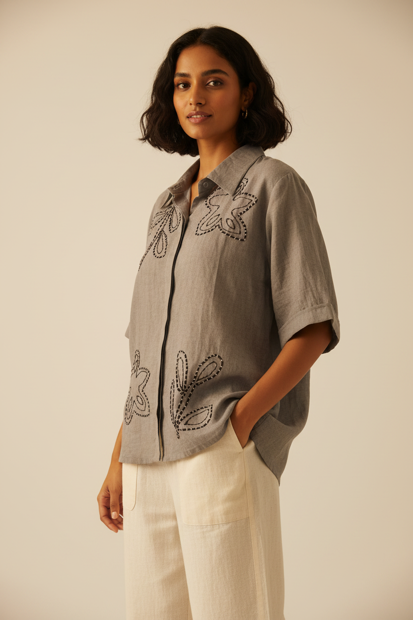 Indian model wearing grey linen kantha embroidery shirt