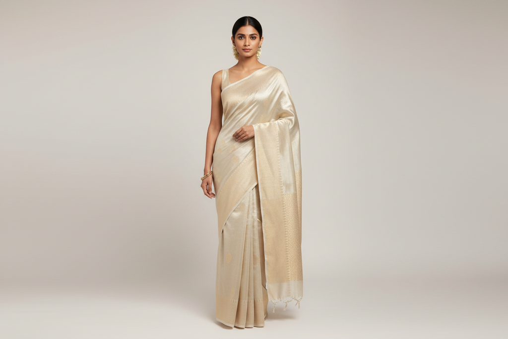 Indian Model Wearing Ivory Gold Shimmer Saree