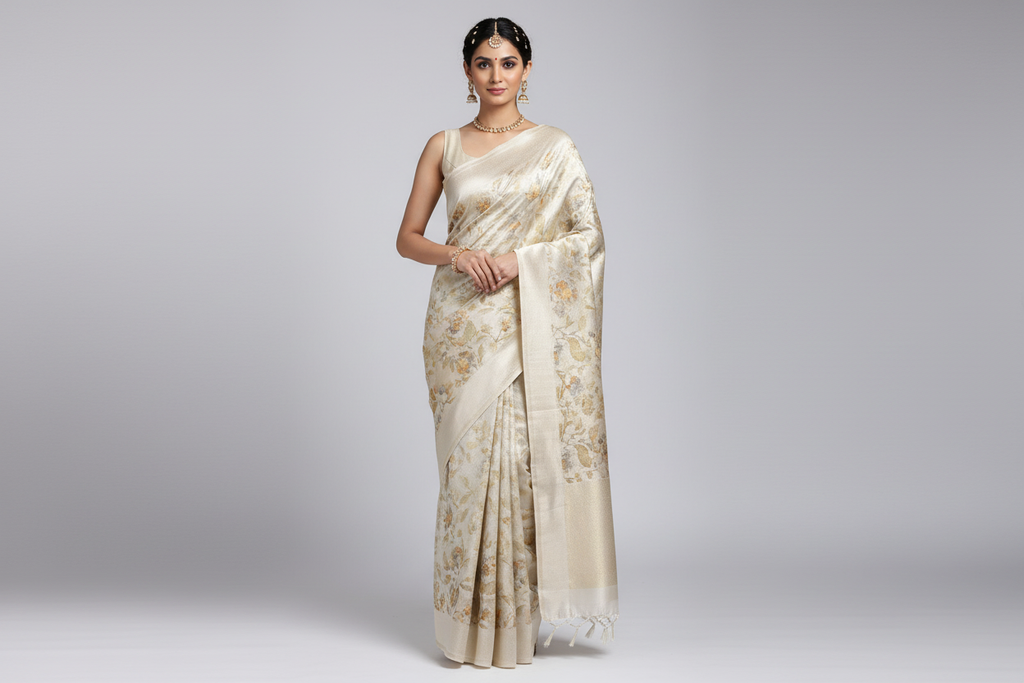Indian Model Wearing Ivory Tissue Silk Saree