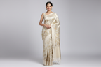 Indian Model Wearing Ivory Tissue Silk Saree