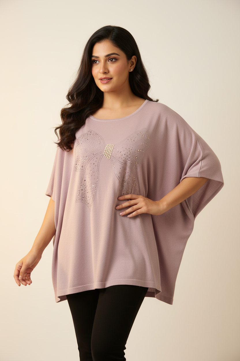 Indian model wearing lavender rhinestone bow top