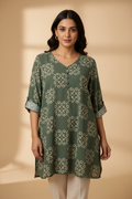 Indian model wearing olive green damask print tunic