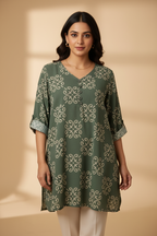 Indian model wearing olive green damask print tunic