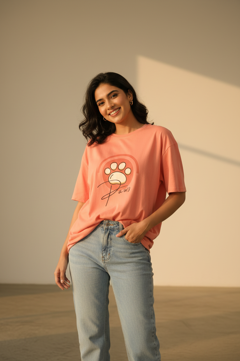 Indian model wearing Paws t-shirt