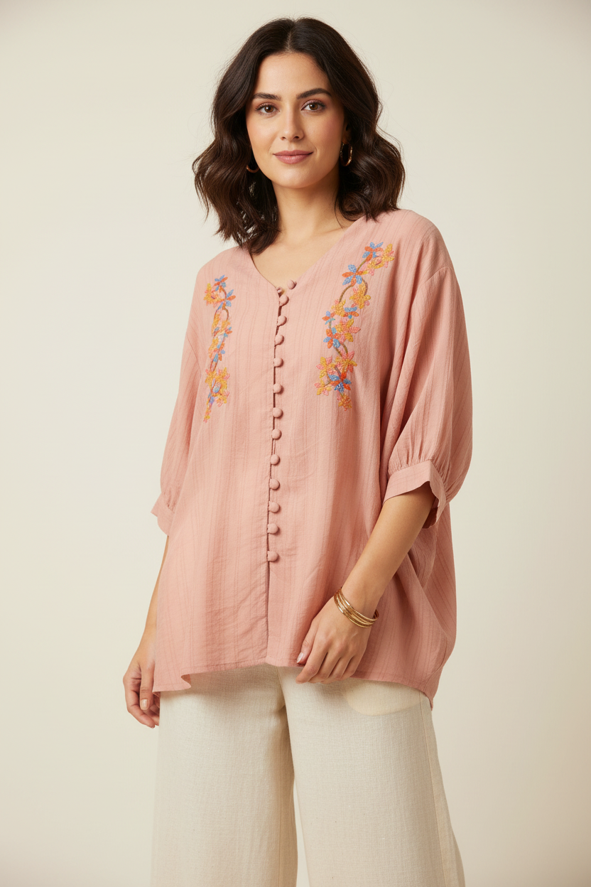 Indian model wearing peach floral embroidery tunic