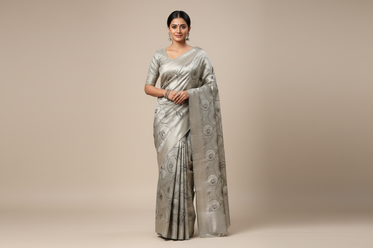 Indian Model Wearing Silver Grey Circle Print Saree