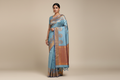 Indian Model Wearing Steel Blue Silk Saree with Gold Medallion Motifs