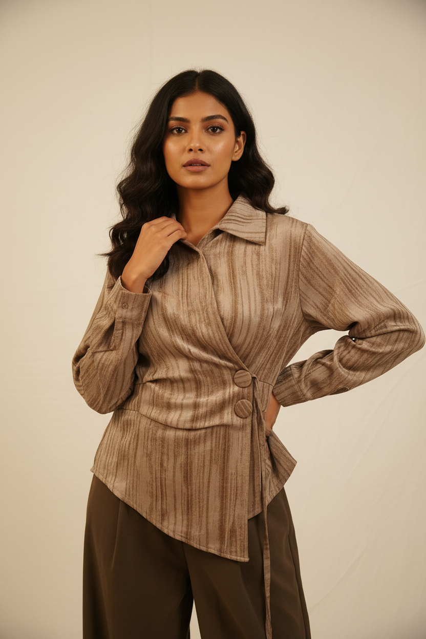 Indian model wearing taupe asymmetric wrap shirt