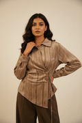 Indian model wearing taupe asymmetric wrap shirt