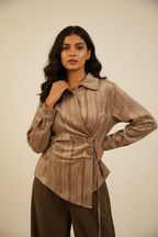 Indian model wearing taupe asymmetric wrap shirt