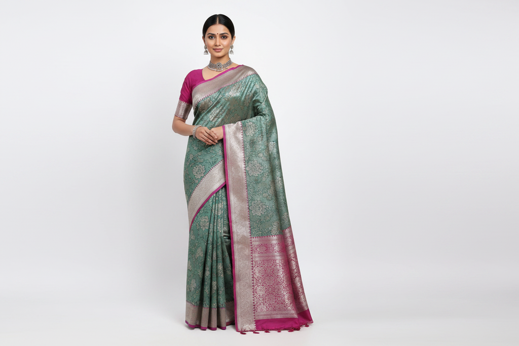 Indian Model Wearing Teal Green Floral Jaal Saree with Magenta Border
